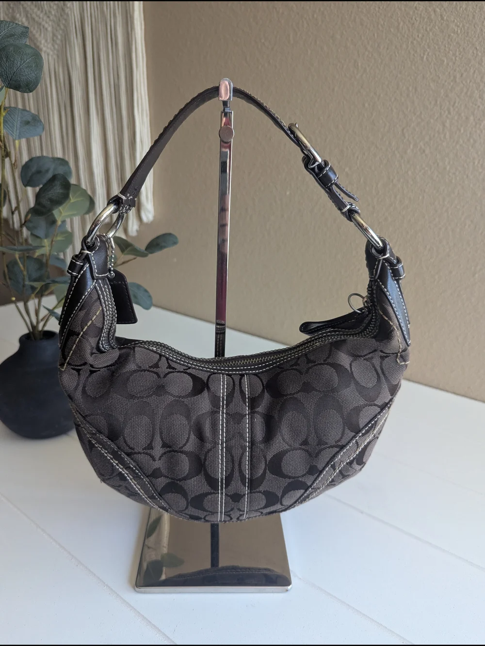 Vintage Coach SohoSignature Canvas HoboShoulder Bag in chocolate brown.